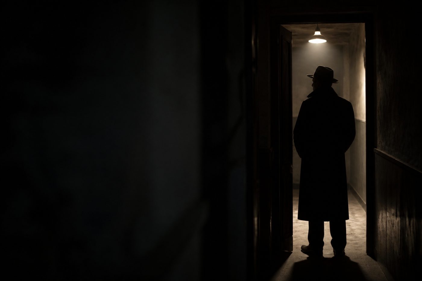 Silhouette of a figure standing in a doorway, backlit by a single hallway light
