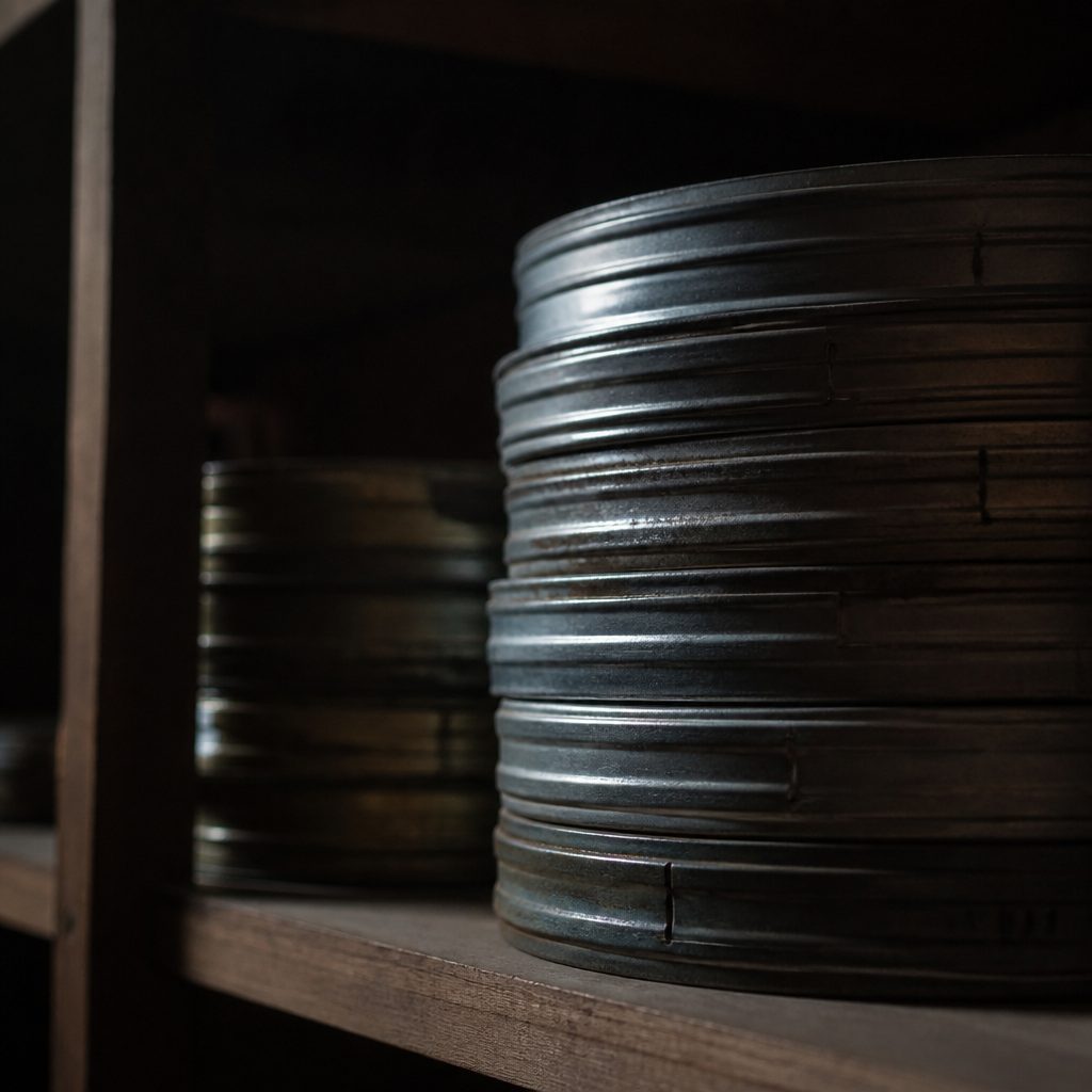 Stack of round film reel canisters on a wooden shelf in dim light
