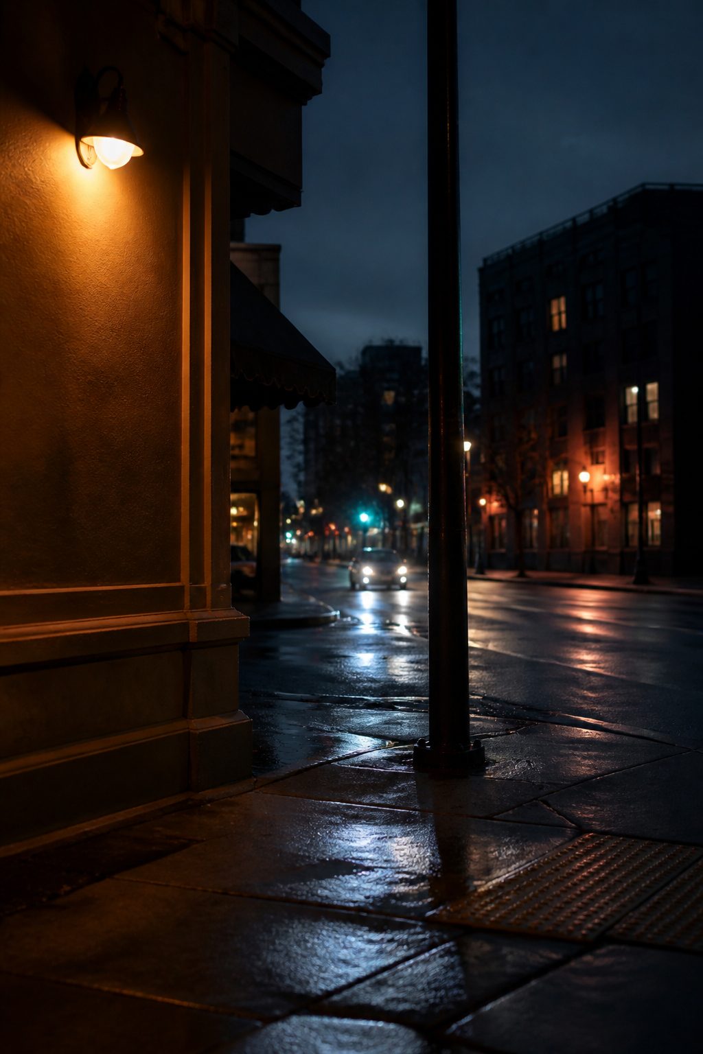 City street corner photographed with a split lighting effect contrasting warm and cool tones